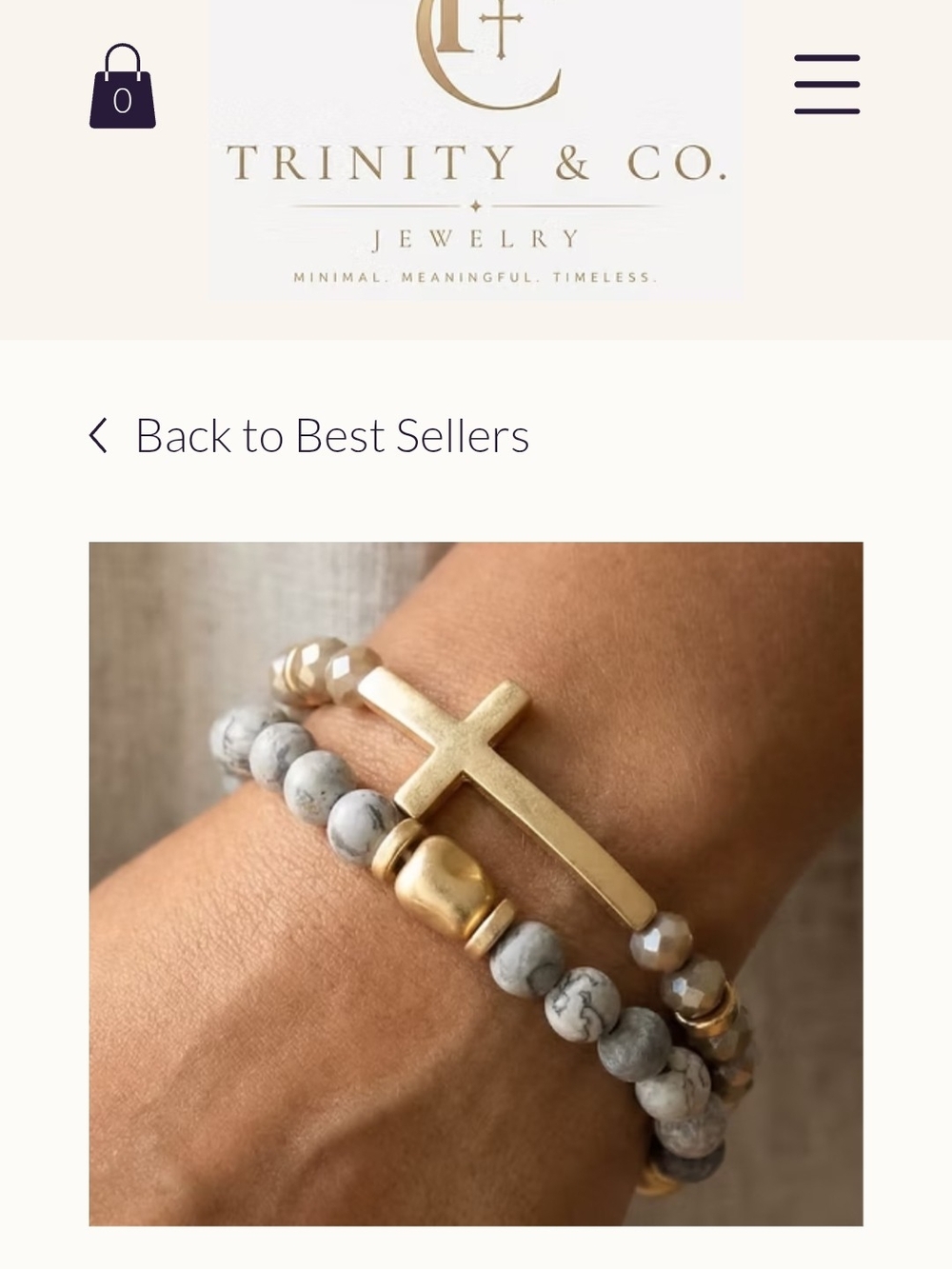 Gold Cross Bracelet with Grey Marble Beads